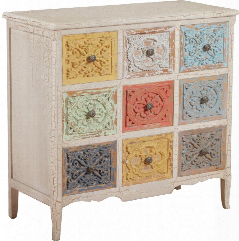 Molly Collection 14a2015c 35" Chest With 9 Drawers Decorative Fronts Dark Circular Knobs Tapered Legs And Fir Wood Construction In White Distressed
