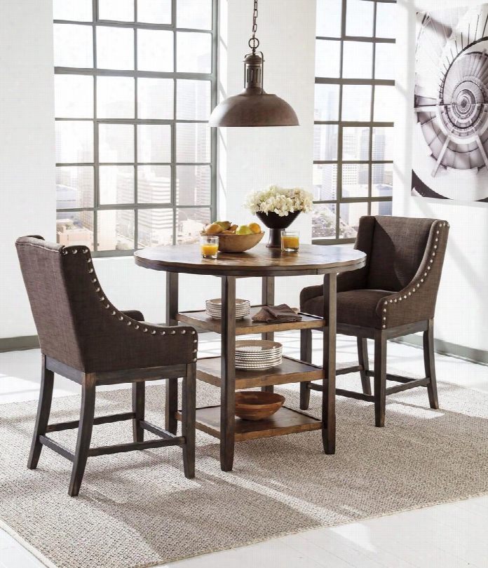 Moriann D608-13-424 3-piece Dining Room Set With Round Counter Dining Table And Two 24" High Upholstered Barstools In Dark Brown