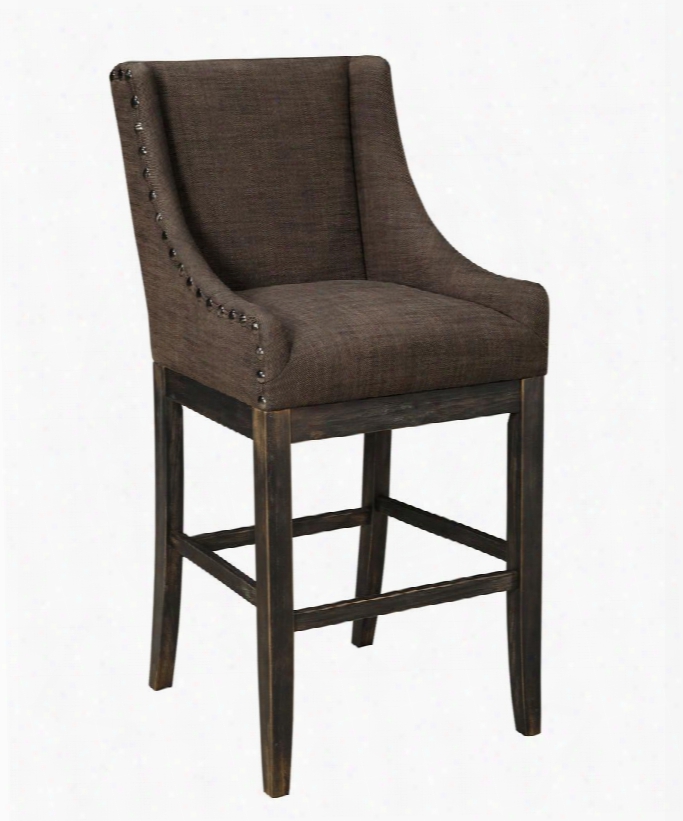 Moriann D608-430 30" High Tall Upholstered Bar Stool With Bronze Nail-head Accents Wing Back Design And Textured Fabric Upholstery In Dark