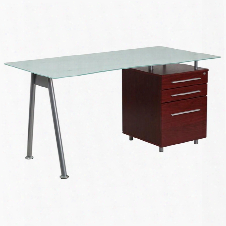 Nan-wk-021-mah-gg Glass Computer Desk With Mahogany Three Drawer