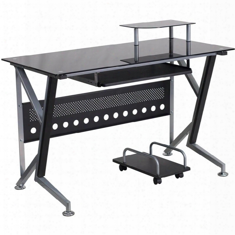 Nan-wk-059-gg Black Glass Computer Desk With Pull-out Keyboard Tray And Cpu