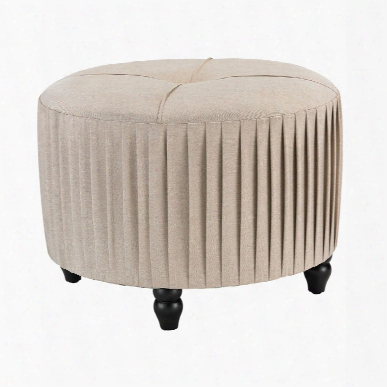 Ottoman Collection 180-012 23" Ottoman With Pleated Design Button Tufted Top Drum Shape Wood Construction And Linen Upholstery In Natural