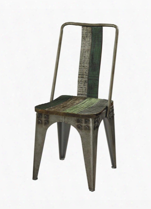 Powell Calypso Collection 114-285s 37" Side Chair With Oversized Bolts Antiqued Distressed Look Fir Wood An Iron Material In Green And Blue Hues