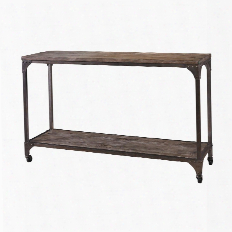 Powell Collection 958-225 32" Benjamin Console Table With Industrial Style Metal Base Asters And Drifted Style Wood Shelves In Neutral