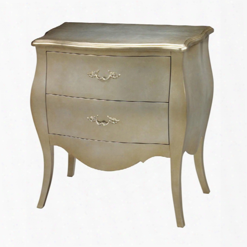 Romana Collection 6041450 28.5" Bowfront Chest With 2 Deep Drawers Curved Metal Pulls Tappered Legs And Asian Hardwood Materials In Silver Leaf And Champagne