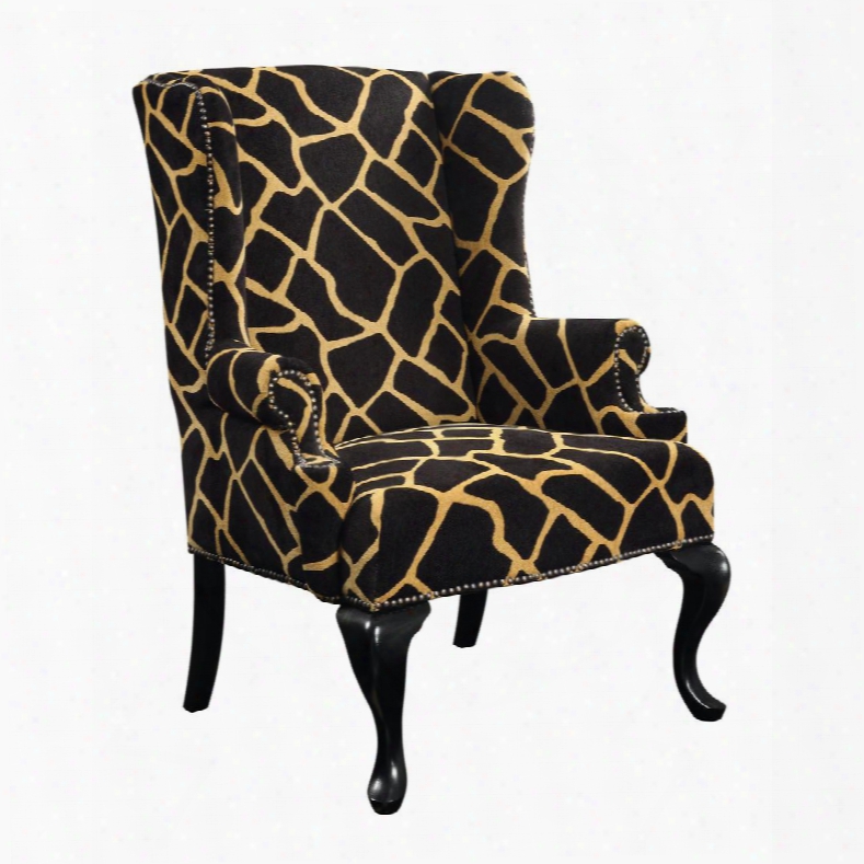 Tiga Collection 6071066 32" Chair With Wing Back Nail Head Accents Ebony Cabriole Legs And Girafte Print Fabric Upholstery In Black And Cream