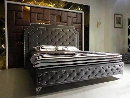 Vgknleilah-greeyek Modrest Leilah Gothic Themed Eastern King Size Bed With Stainless Steel Legs Tufted Padded Fabric Upholstery In