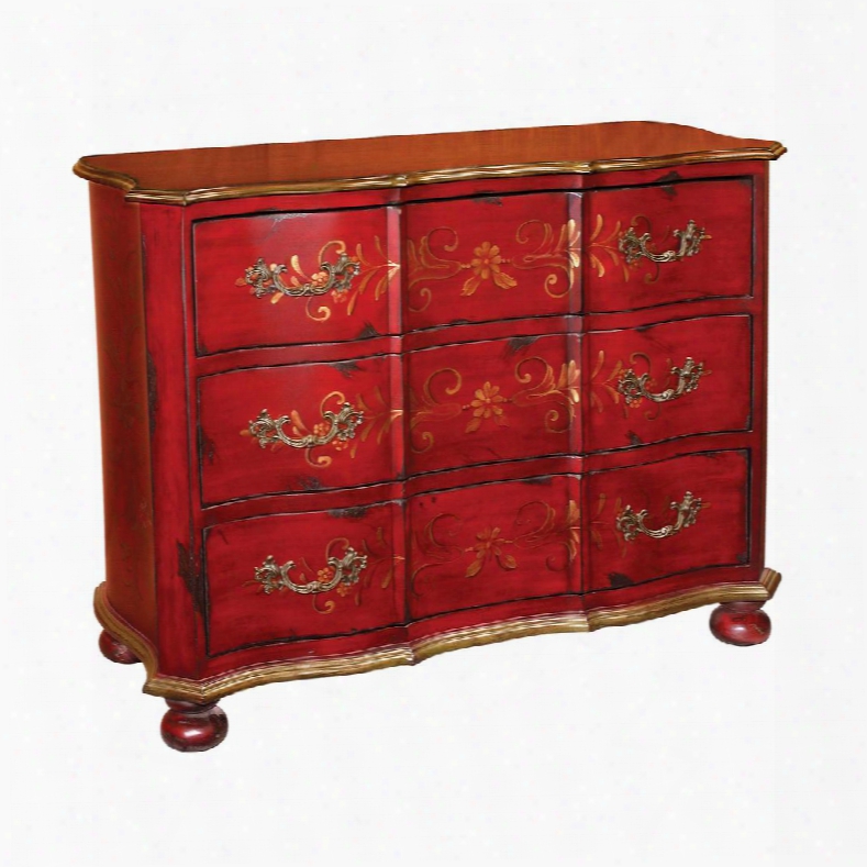 Wesley Collection 88-1341 45" Chest With 3 Drawers Bun Feet Floral Motifs Metal Hardware And Medium-density Fiberboard (mdf) In Red And Yellow