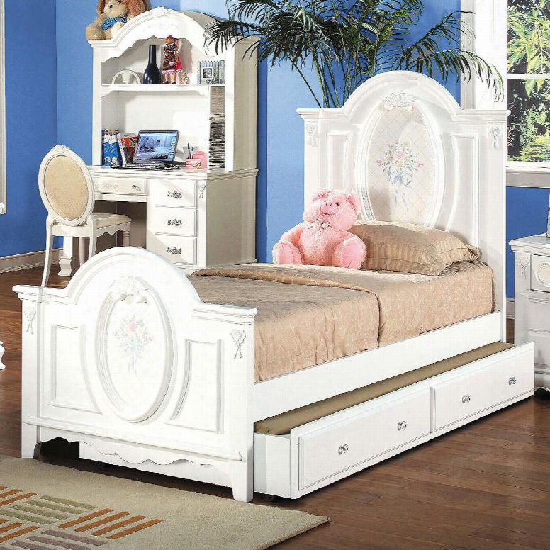 01680tbtdc Flora 4 Pc Set Twin Size Panel Bed + Trundle + Student Desk + Student Chair In White