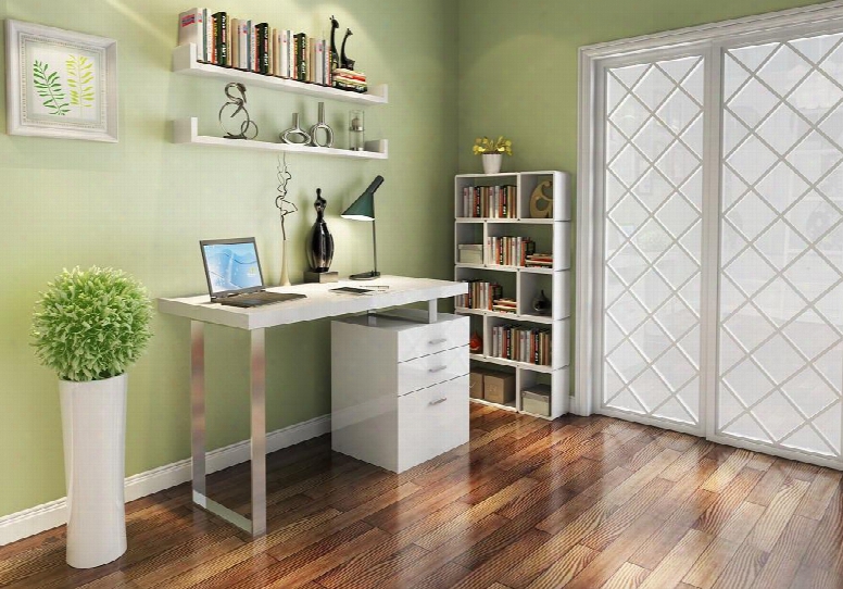 17913 A18 47" Long Modern Office Desk With S-design Bookcase In White Lacquer