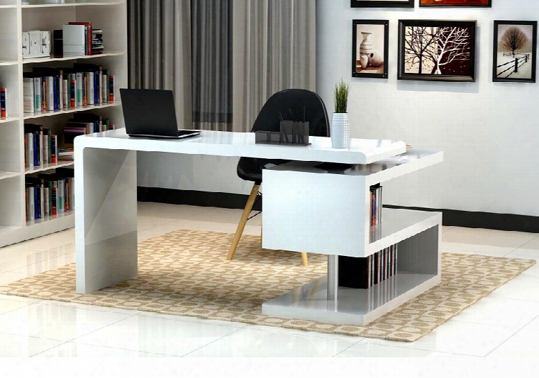 17914 A33 55" Modern Office Desk With S-design Bookcase In White Acquer