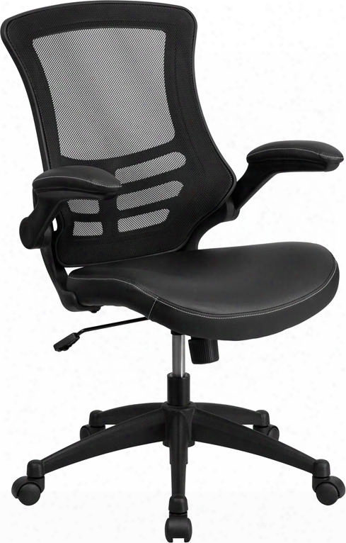 Bl-x-5m-lea-gg Mid-back Black Mesh Chair With Leather Seat And Nylon