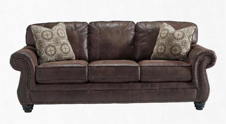 Breville Collection 8000338 90&wuot; Sofa With Faux Leather Upholstery Turned Bun Feet Nail Head Accents Stitched Detailing And Traditional Style In