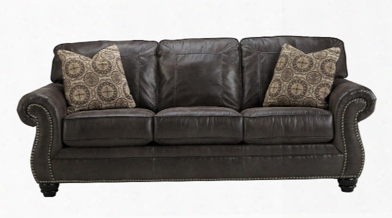 Breville Collection 8000438 90" Sofa With Faux Leather Upholstery Turned Bun Feet Nail Head Accents Stitched Detailing And Traditional Style In