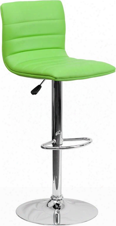 Ch-92023-1-grn-gg 35" - 44" Bar Stool With Adjustable Height Swivel Seat Chrome Base Footrest Horizontal  Line Design And Vinyl Upholstery In Green