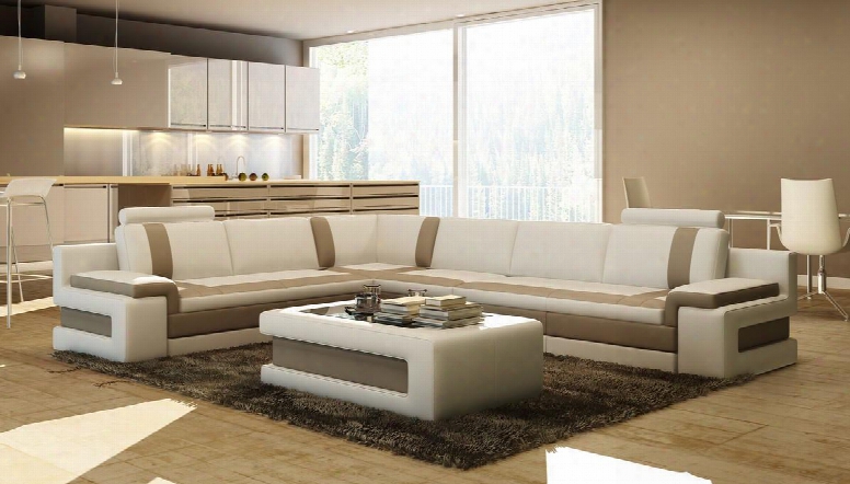 Divani Casa Vgev5083 Modern Bonded Leather Sectional Sofa With Glass Top Coffee Table In White With Brown