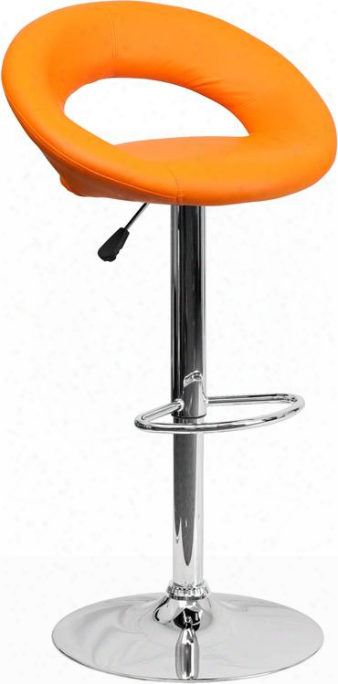 Ds-811-org-gg 32" -40.75" Bar Stool With Swivel Seat Round-orbit Design Chrome Base Footrest Ring Gas Lift Adjustable Height And Vinyl Upholstery In Orange