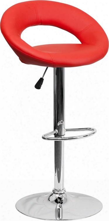 Ds-811-red-gg 32" -40.75" Bar Stool With Swivel Seat Round-orbit Design Chrmoe Base Footrest Ring Gas Lift Adjustable Height And Vinyl Upholstery In Red