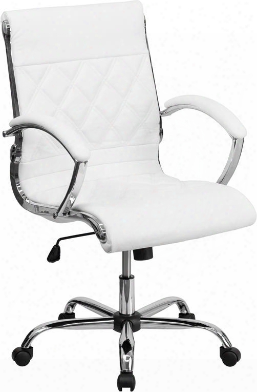 Go-1297m-mid-white-gg Mid-back Designer White Leatehr Executive Office Chair With Chrome