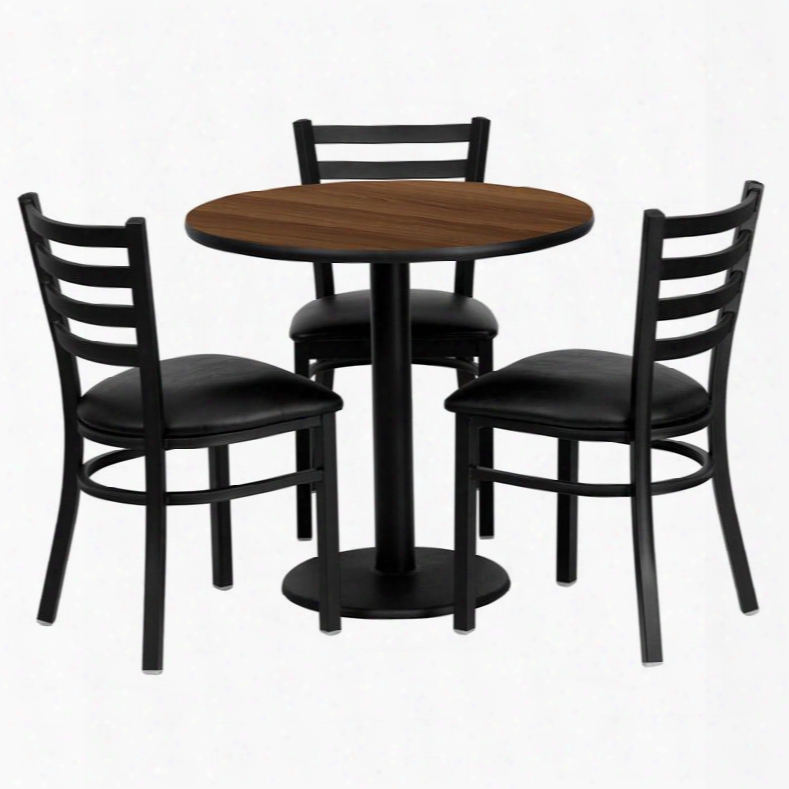 Md-0002-gg 30' Round Walnut Laminate Table Set With Ladder Back Metal Chair And Black Vinyl Seat Seats