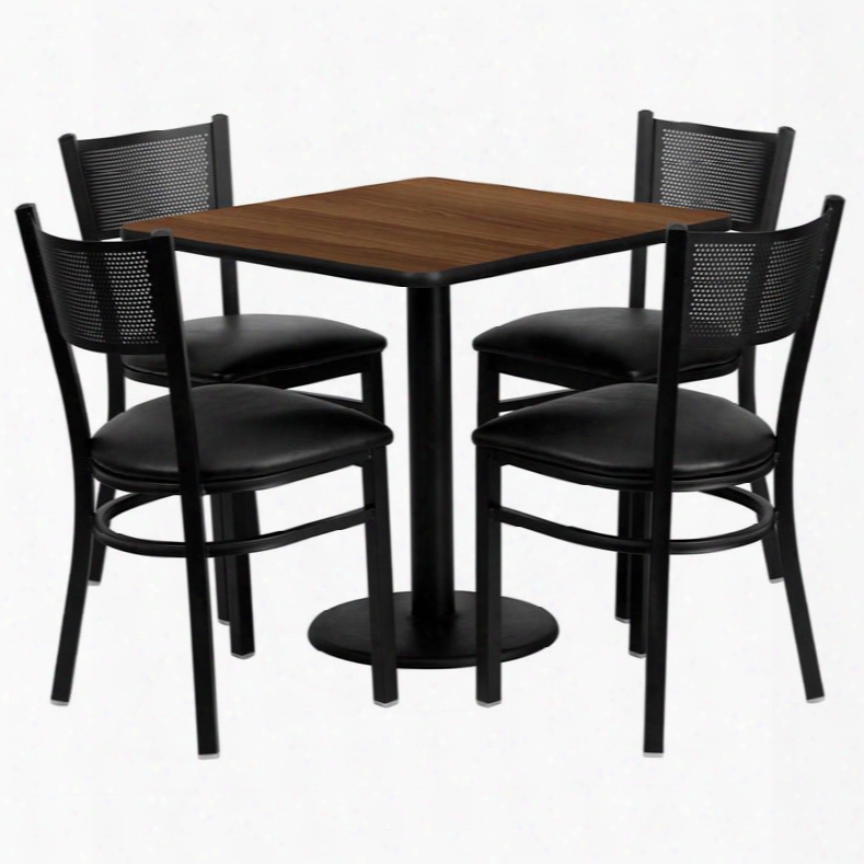 Md-0005-gg 30' Square Walnut Laminate Table Set With Grid Back Metal Chair And Black Vinyl Seat Seats