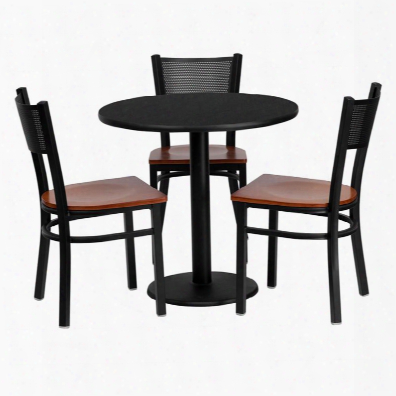 Md-0007-gg 30' Rouund Black Laminate Table Set With Grid Back Metal Chair And Cherry Wood Seat Seats