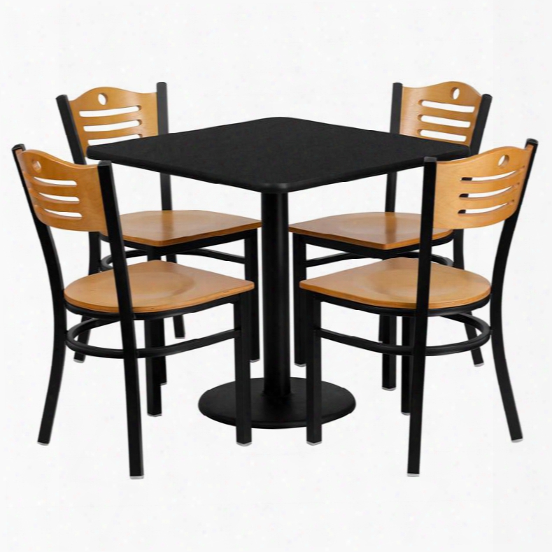 Md-0010-gg 30' Square Black Laminate Table Set With Wood Slat Back Metal Chair And Natural Wood Seat Seats