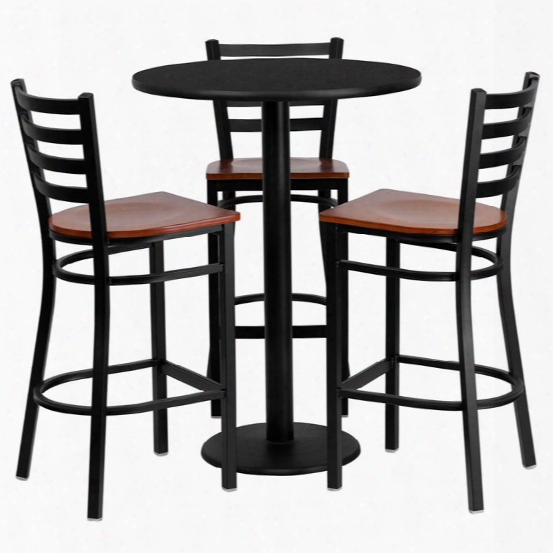 Md-0013-gg 30' Round Black Laminate Table Set With Ladder Back Metal Bar Stool And Cherry Wood Seatseats