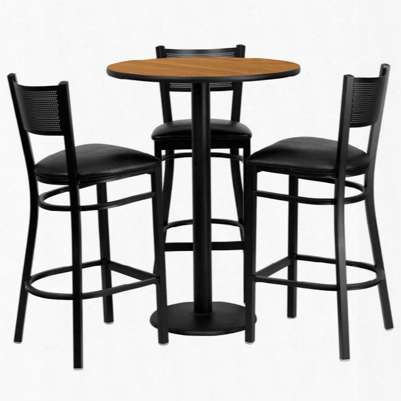 Md-0016-gg 30' Round Nayural Laminate Table Set With Grid Back Metal Bar Stool And Black Vinyl Seat Seats