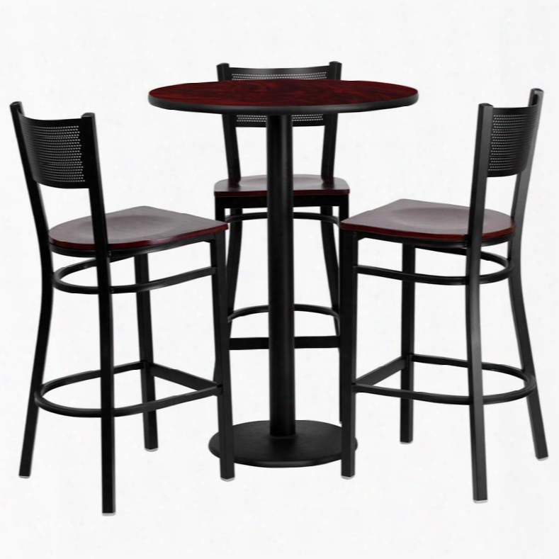 Md-0017-gg 30' Round Mahogany Laminate Table Set With Grid Back Metal Bar Stool And Mahogany Wood Seaf Seats