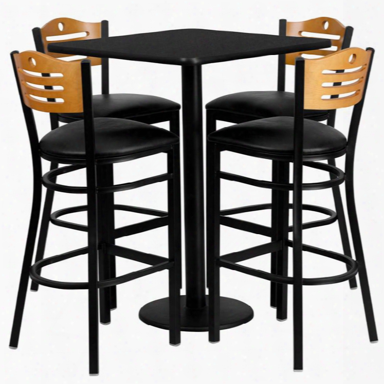 Md-0019-gg 30' Square Black Laminate Table Set With Wood Slat Back Metal Bar Stool And Black Vinyl Seat Seats