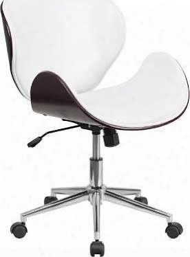 Mid-back Mahogany Wood Swivel Conference Chair In White Leather