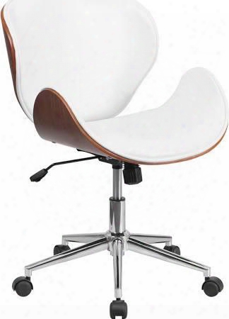 Mid-back Natural Wood Swivel Conference Chair In White Leather