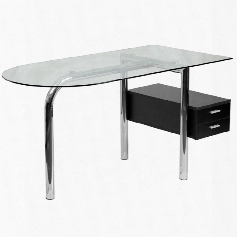 Nan-jn-2118-gg 28.5" Computer Desk With 2 Drawer Pedestal Clear Tempered Glass Top Floor Glides And Steel Tubular Legs In Chrome