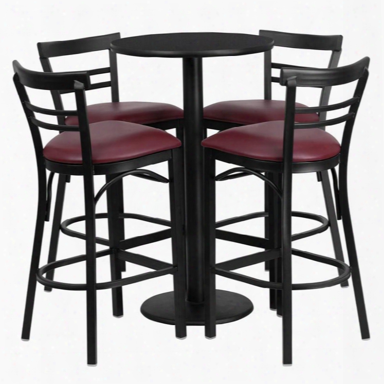 Rsrb1037-gg 24' Round Black Laminate Table Set With 4 Ladder Back Metal Bar Stools - Burgundy Vinyl