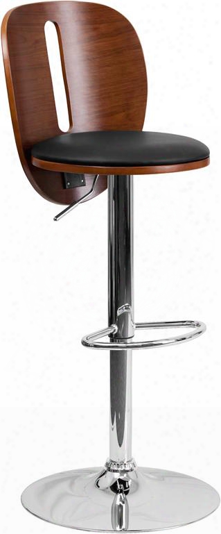 Sd-2220-wal-gg Walnut Bentwood Adjustable Height Bar Stool With Black Vinyl Seat And Cutout