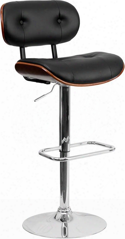 Sd-2228-wal-gg Walnut Bentwood Adjustable Elevation Bar Stool With Button Tufted Black Vinyl