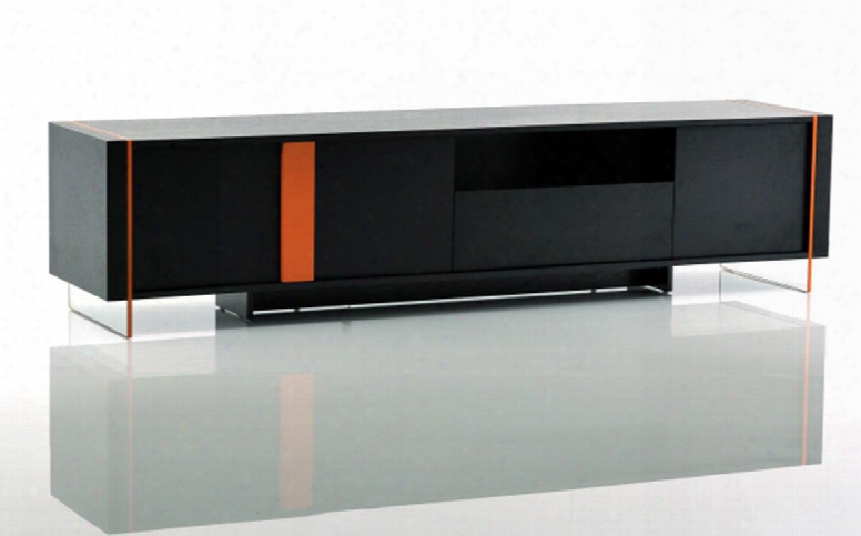 Vghb167f Modrest Vision 79" Floating Tv Stand With Clear Acrylic Legs Wood Veneer And Orange Stripes In Black Oak