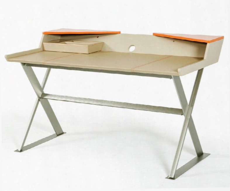 Vgvccy-t12 Modrest Bradley 55" Office Desk With Stainless Steel Legs Electrical Cord Hole Pencil Tray Orange Painted Corners And Lsather Top In