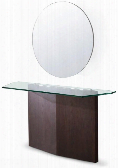 Vgwch526 Modrest Deville 57" Console And Mirror Set With Glass Top Heptagon Shaped Base And Round Large Mirror In Brown Oak