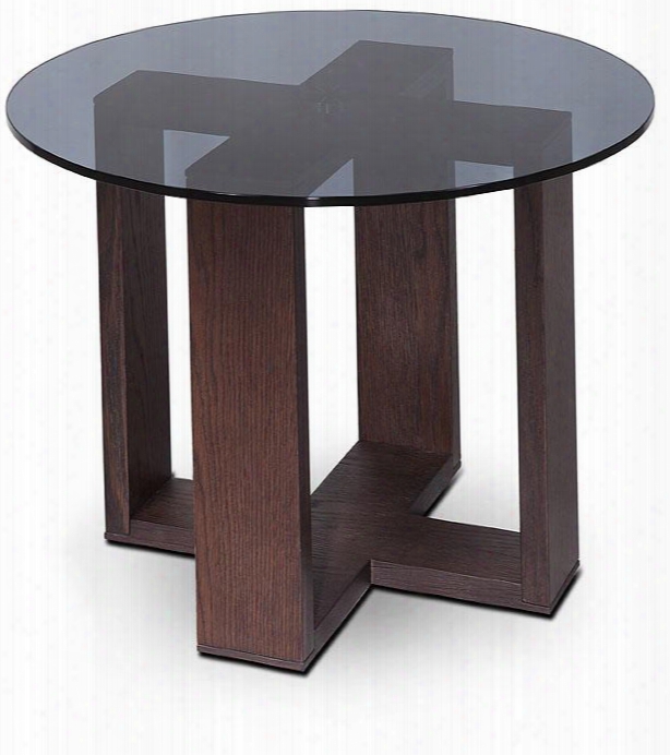 Vgwcm505t Modrest Heath 24" Round Side Table With Translucent Smoke Glass Top And Interlocking Square Base In Brown Oak