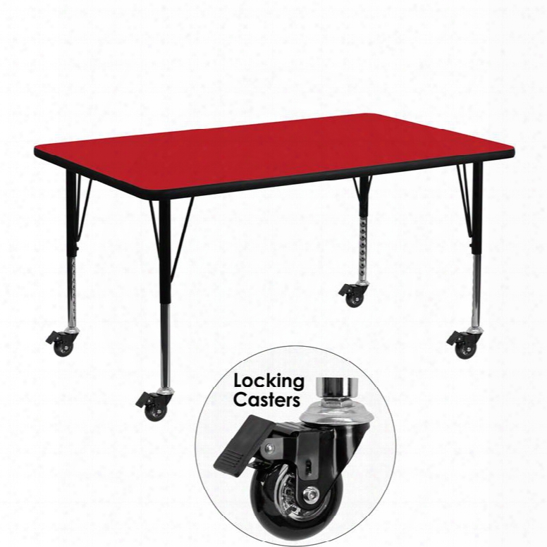 Xu-a2448-rec-red-h-p-cas-gg Mobile 24'w X 48'l Rectangular Activity Table With 1.25' Thick High Pressure Red Laminate Top And Height Adjustable Pre-school