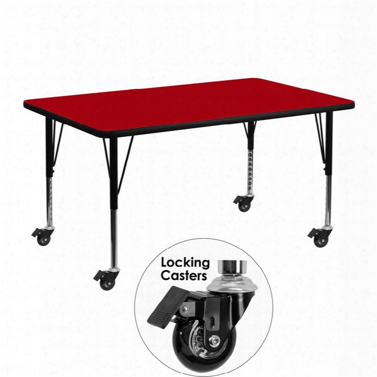 Xu-a2448-rec-red-t-p-cas-gg Mobile 24'w X 48'l Rectangular Activity Table With Red Thermal Fused Laminate Top And Height Adjustable Pre-school