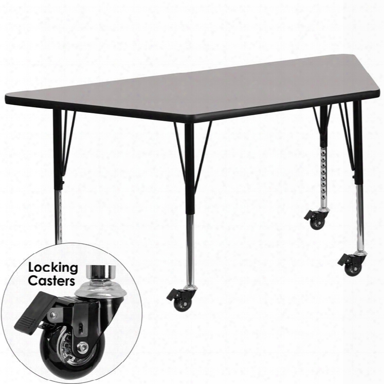 Xua-2448-trap-gy-h-p-casgg Mobile 24'w X 48'l Trapezoid Activity Table With 1.25' Thick High Pressure Grey Lamiinate Top And Height Adjustble Pre-school