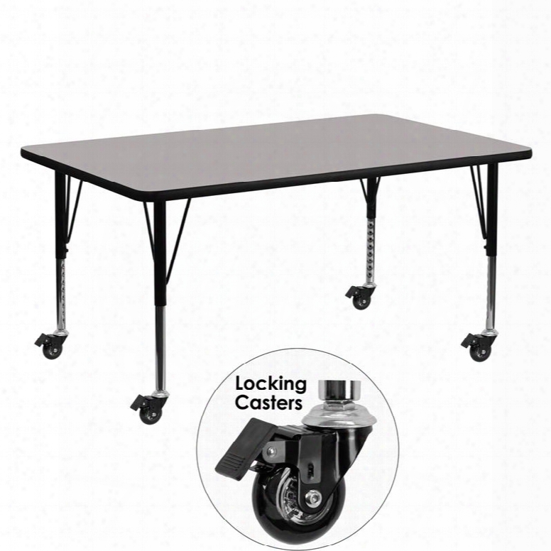 Xu-a2460-rec-gy-h-p-cas-gg Mobile 24'w X 60'l Rectangular Activity Table With 1.25' Thick High Pressure Grey Laminate Top And Height Adjustable Pre-school