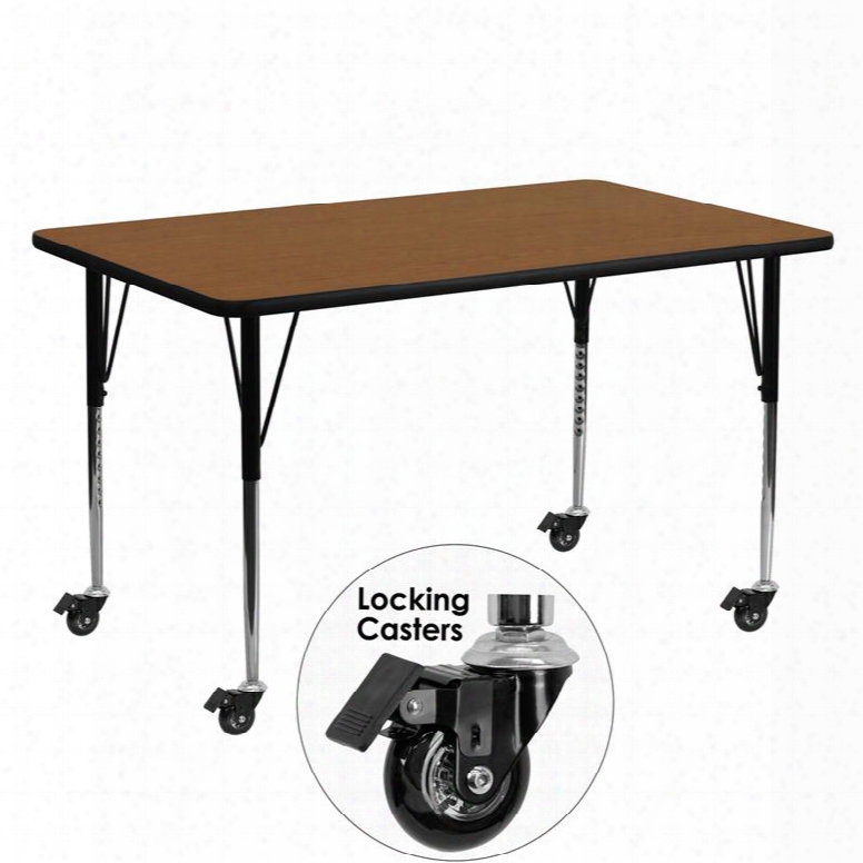 Xu-a2460-rec-oak-h-a-cas-gg Mobile 24'w X 60'l Rectangular Activity Table With 1.25' Thick High Pressure Oak Laminate Top And Standard Height Adjustable