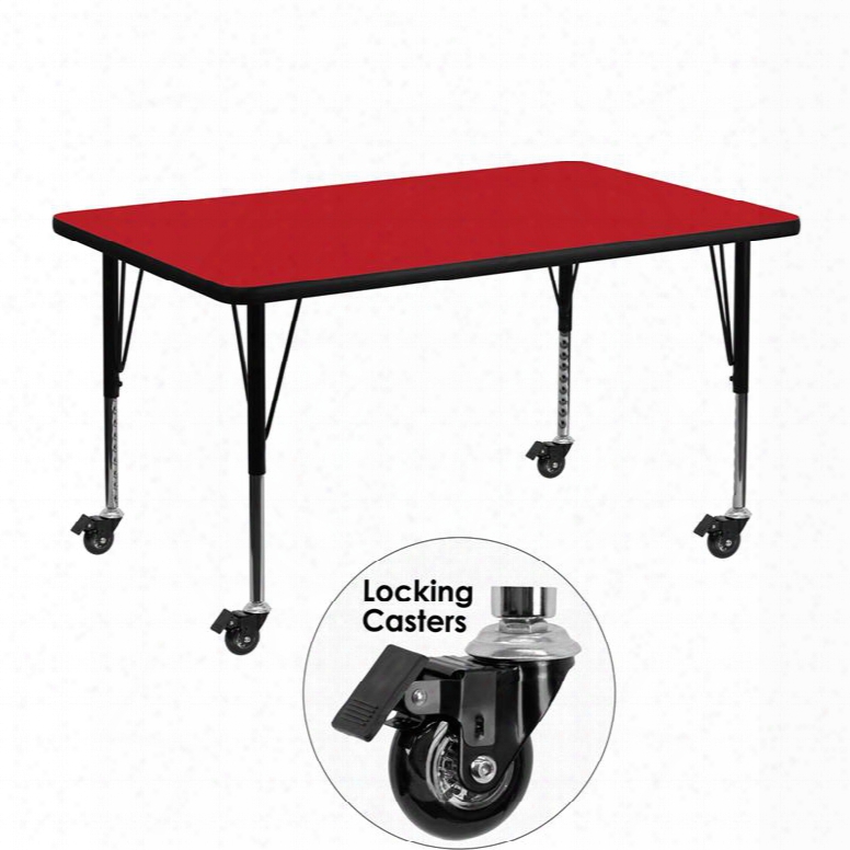 Xu-a3048-rec-red-h-p-cas-gg Mobile 30'w X 48'l Rectangular Activity Table With 1.25' Thick High Pressure Red Laminate Top And Height Adjustable Pre-school