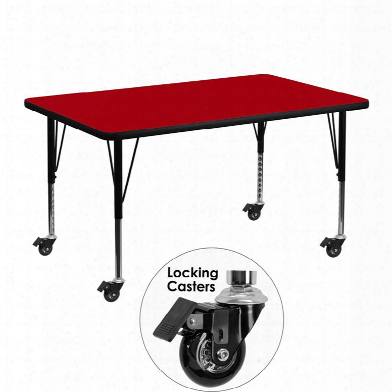 Xu-a3048-rec-red-t-p-cas-gg Mobile 30'w X 48'l Rectangular Activity Table With Red Thermal Fused Laminate Top And Height Adjustable Pre-school