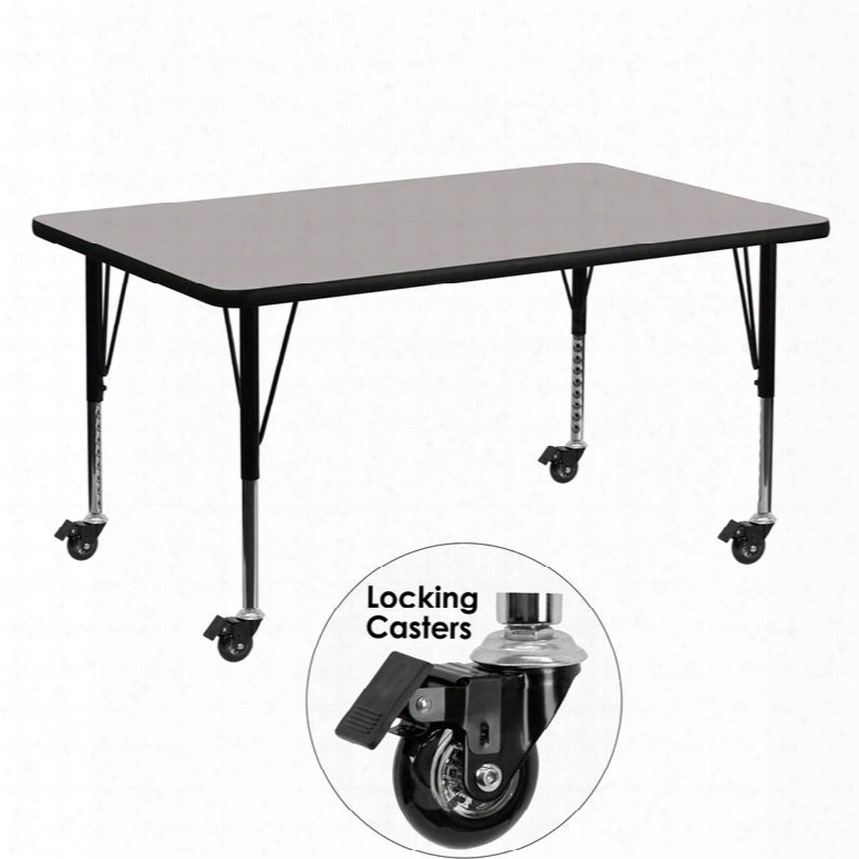 Xu-a3060-rec-gy-h-p-cas-gg Mobile 30'w X 60'l Rectangular Activity Table With 1.25' Thick High Pressure Grey Laminate Top And Height Adjustable Pre-school