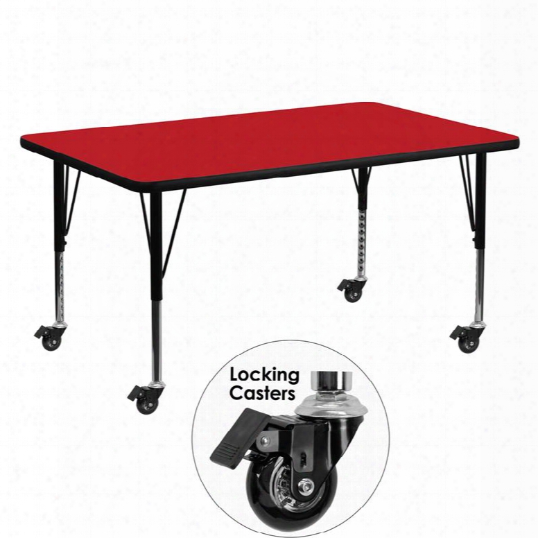 Xu-a3060-rec-red-h-p-cas-gg Mobile 30'w X 60'l Rectangular Activity Table With 1.25' Thick High Pressure Red Laminate Top And Height Adjustable Pre-school